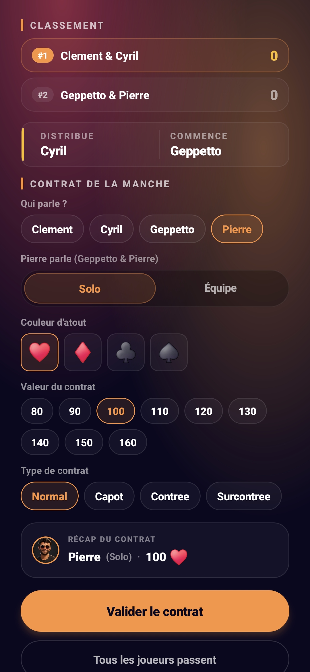 Aperçu de l'écran Contrat Contrée ScoreCrew
