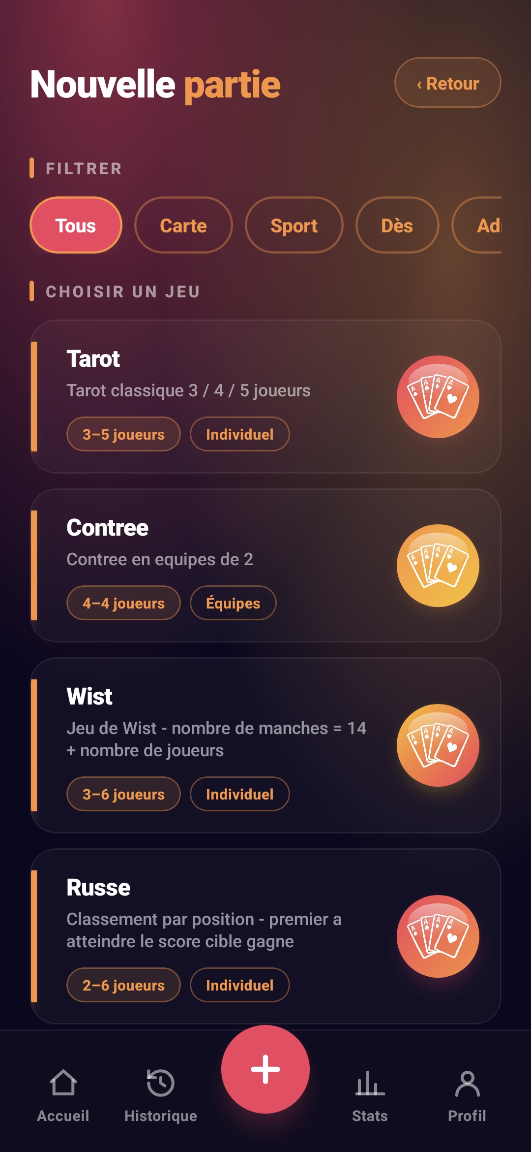 Aperçu de l'écran Nouvelle partie ScoreCrew