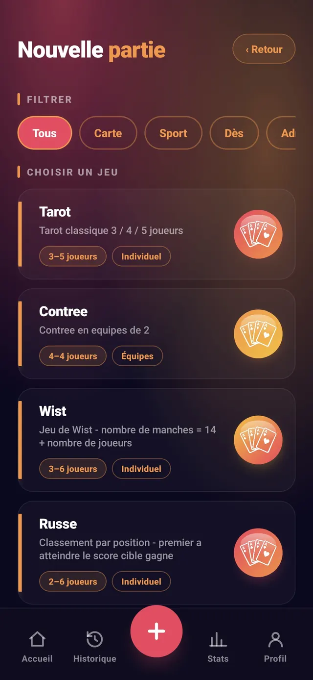 Aperçu de l'écran Nouvelle partie ScoreCrew