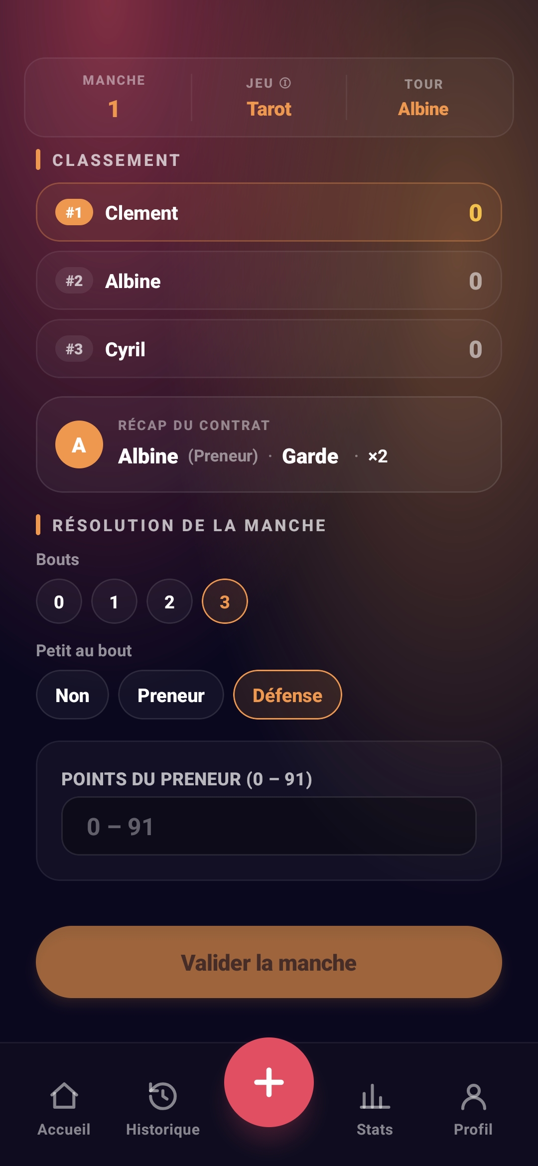 Aperçu de l'écran Validation contrat Tarot ScoreCrew