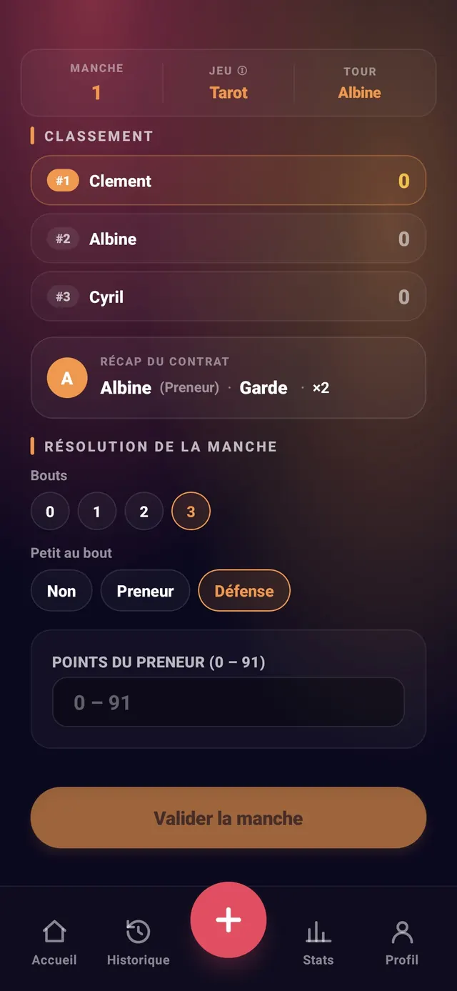 Aperçu de l'écran Validation contrat Tarot ScoreCrew
