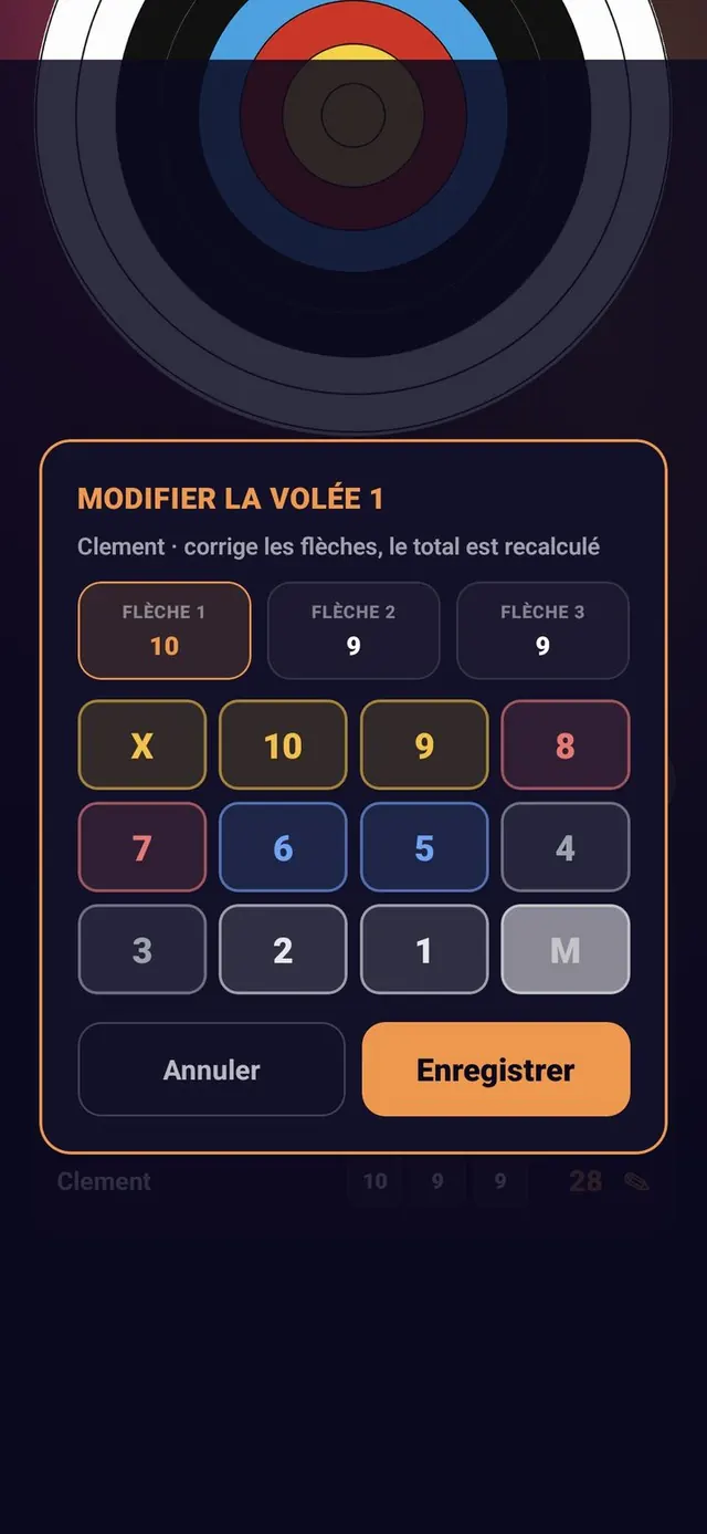 ScoreCrew — tir à l'arc — flèche corrigée, total recalculé