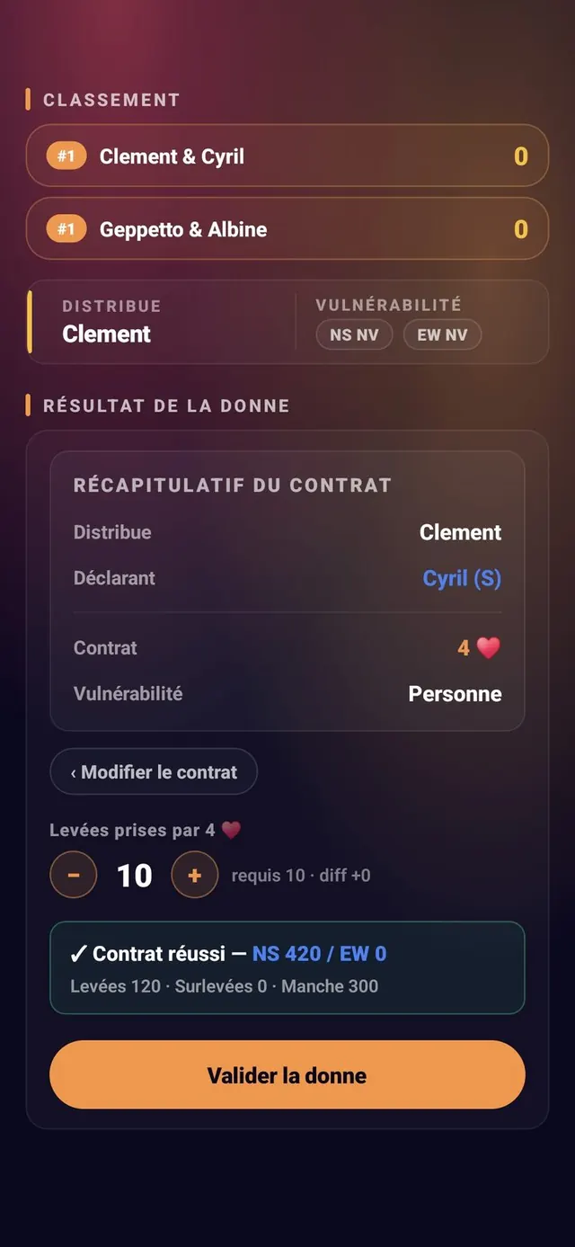 ScoreCrew — Bridge — saisie du résultat (1/2)