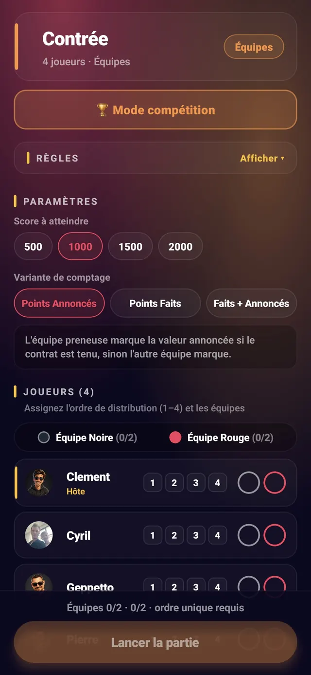 ScoreCrew — contrée — étape 1 (paramètres de la partie)