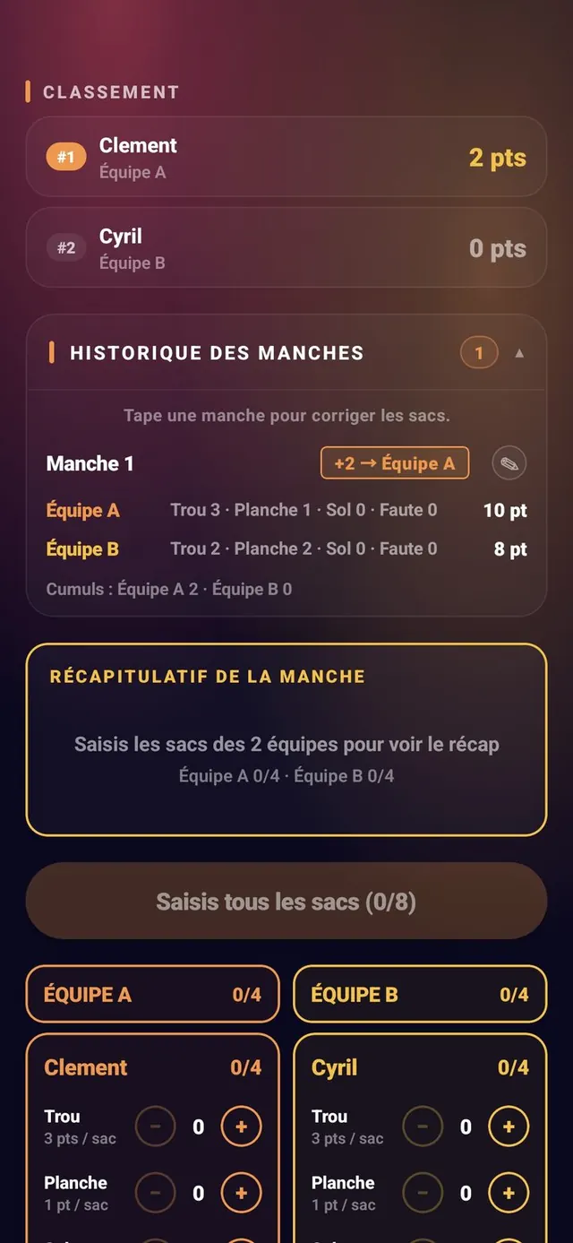 ScoreCrew — Cornhole — édition d'une manche (1/2)