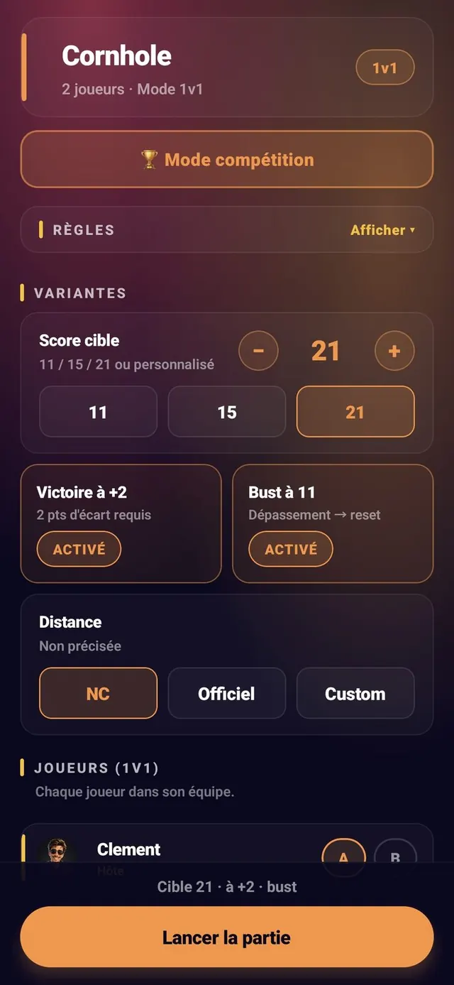ScoreCrew — Cornhole — paramètres (3/4)