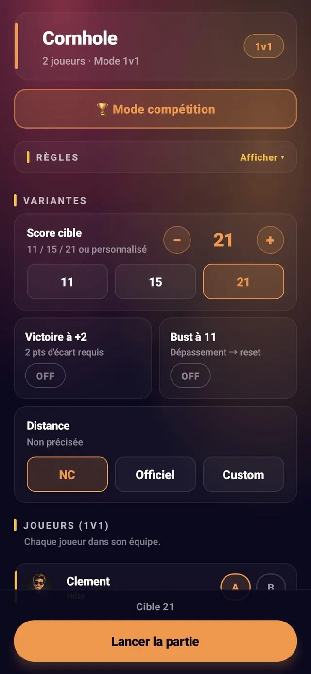 ScoreCrew — Cornhole — paramètres (1/4)