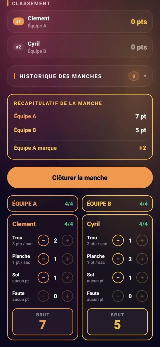 ScoreCrew — Cornhole — saisie des sacs