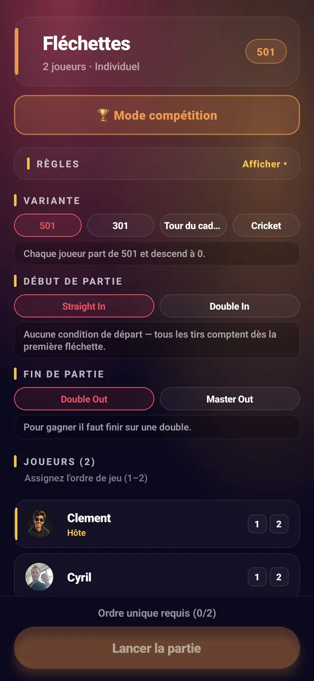 ScoreCrew — fléchettes — étape 1 (choix de la variante)
