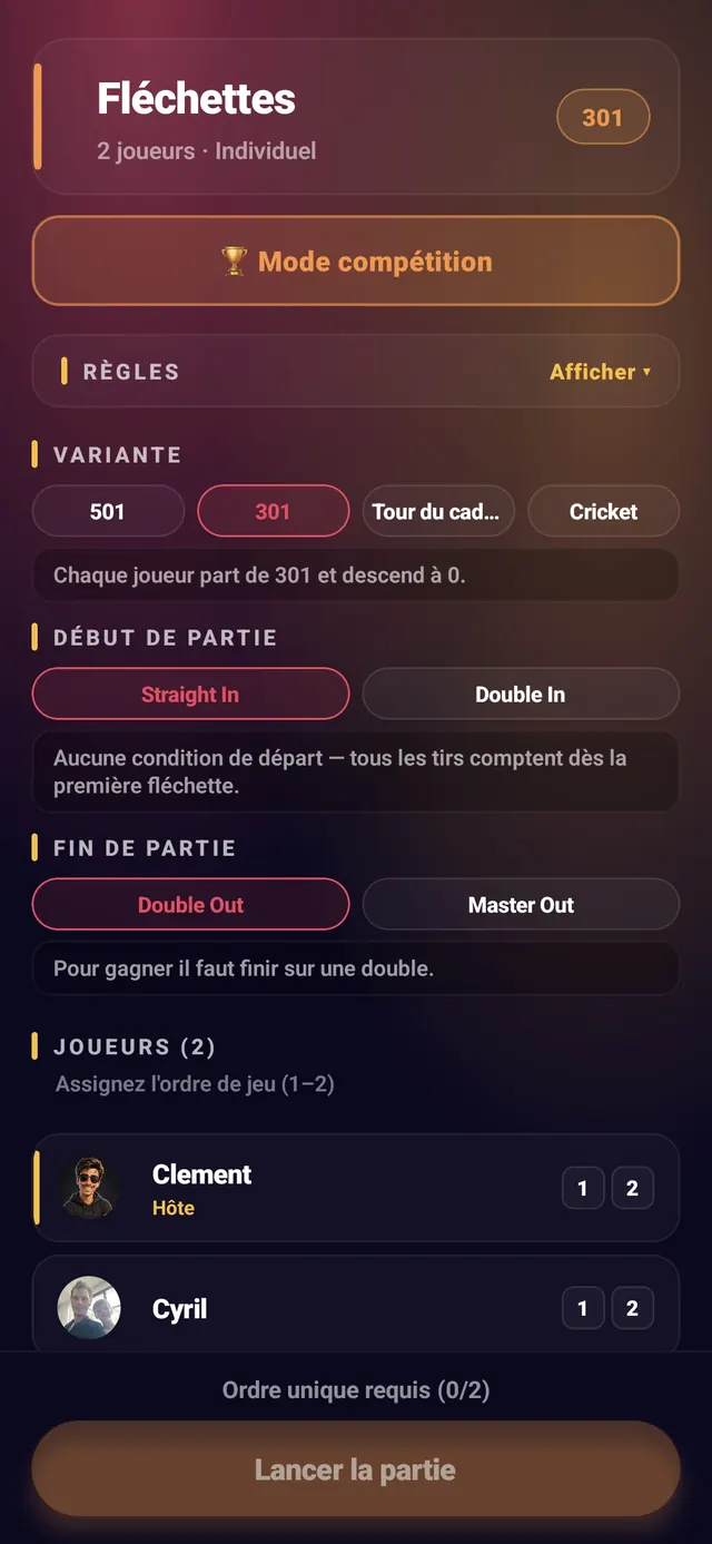 ScoreCrew — fléchettes — étape 1 (début de partie : Straight / Double In)