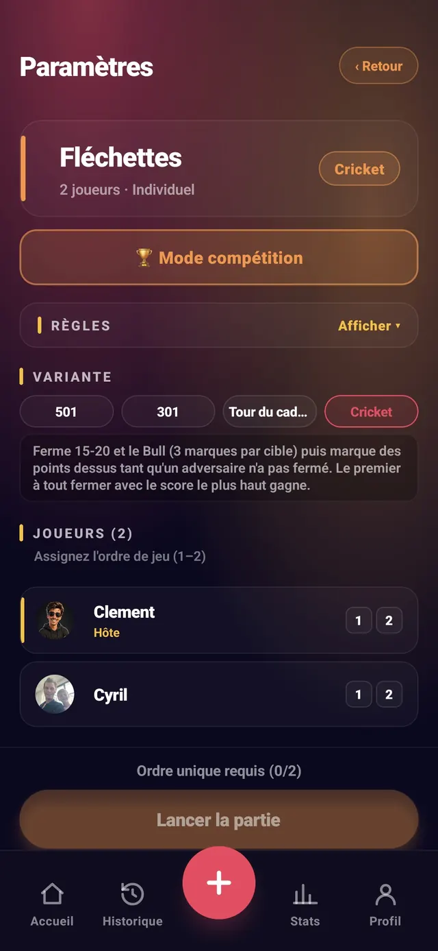 ScoreCrew — fléchettes — étape 1 (score de départ et options)