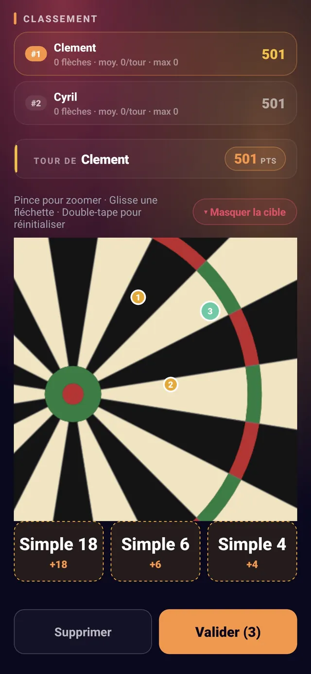 ScoreCrew — fléchettes — étape 3 (saisie au clavier : simple / double / triple)