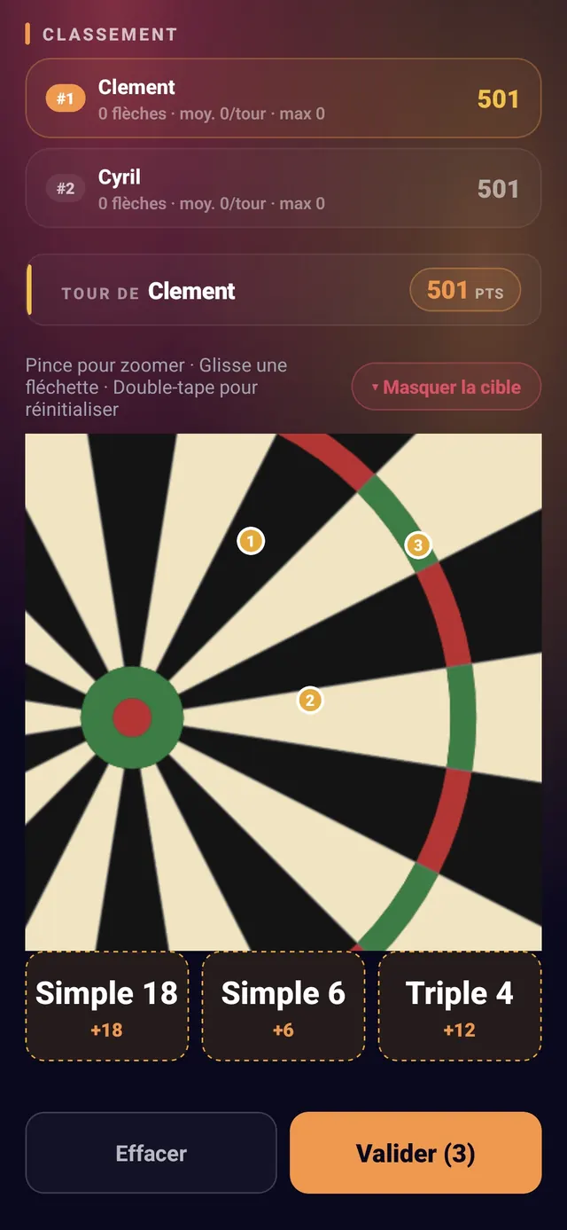 ScoreCrew — fléchettes — étape 3 (tour validé, score restant mis à jour)