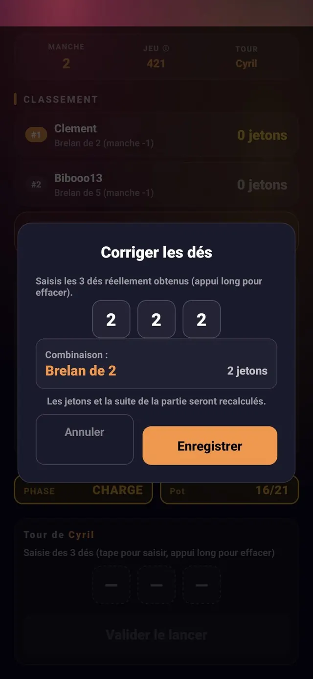 ScoreCrew — 421 — corriger un lancer