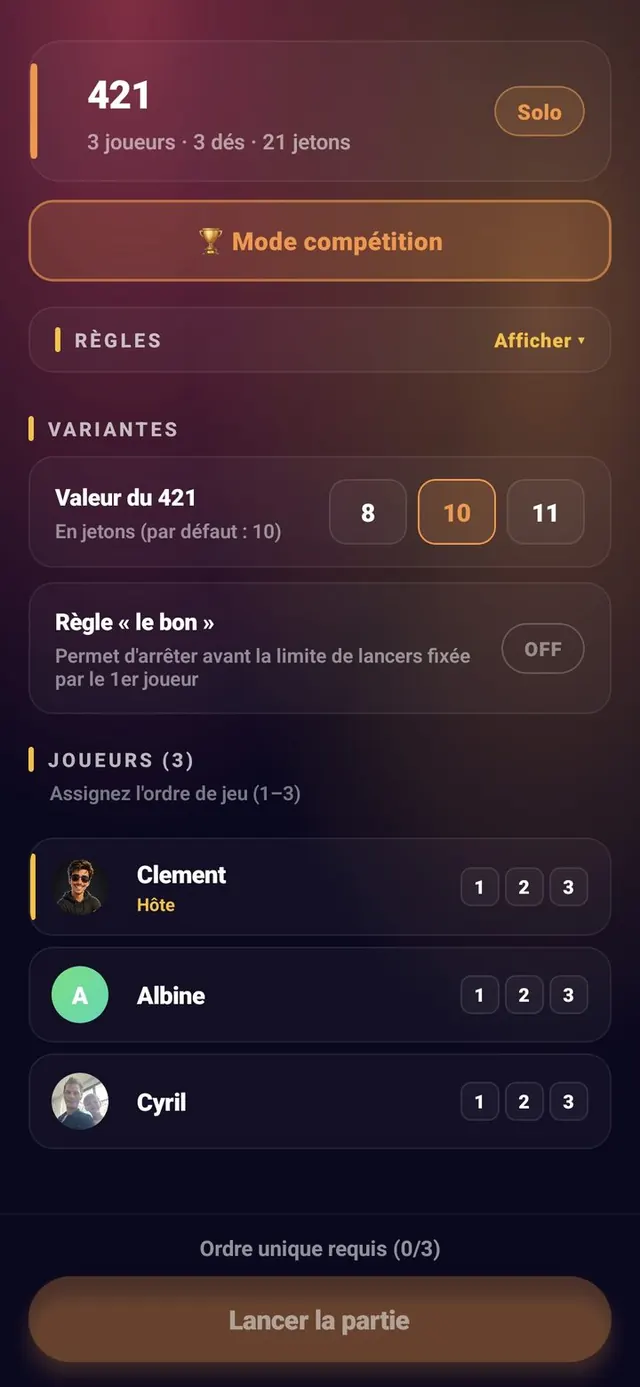 ScoreCrew — 421 — paramètres de la partie