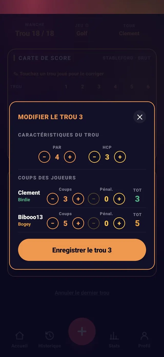 ScoreCrew — golf — trou corrigé, total recalculé