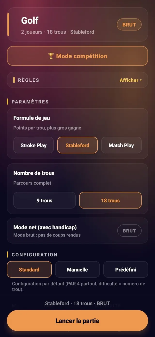 ScoreCrew — golf — paramètres (2/8)