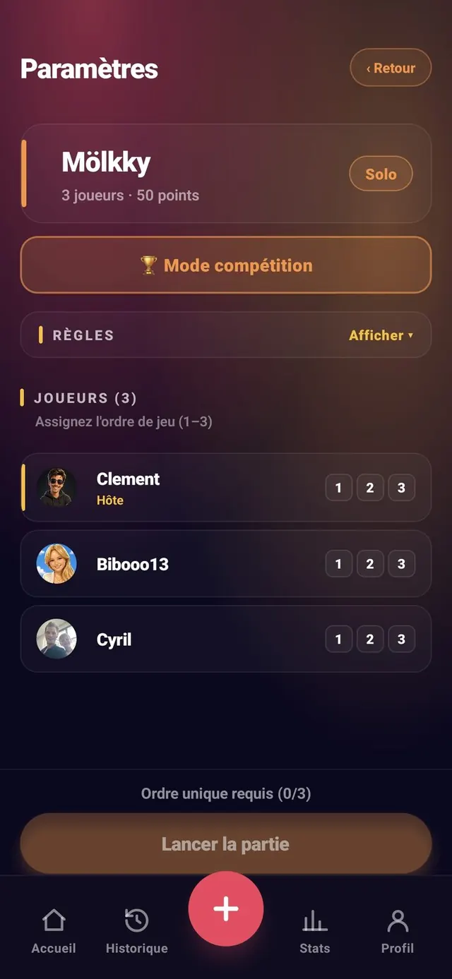 ScoreCrew — Mölkky — paramètres de la partie