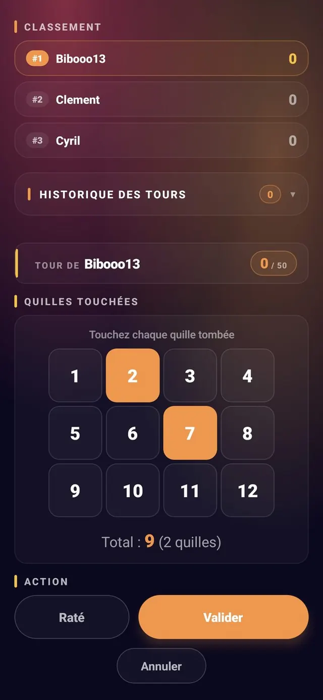 ScoreCrew — Mölkky — score du lancer validé