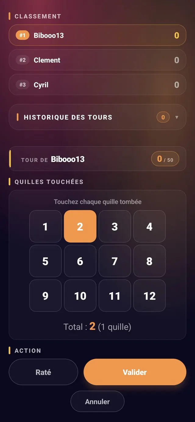 ScoreCrew — Mölkky — quilles tombées sélectionnées