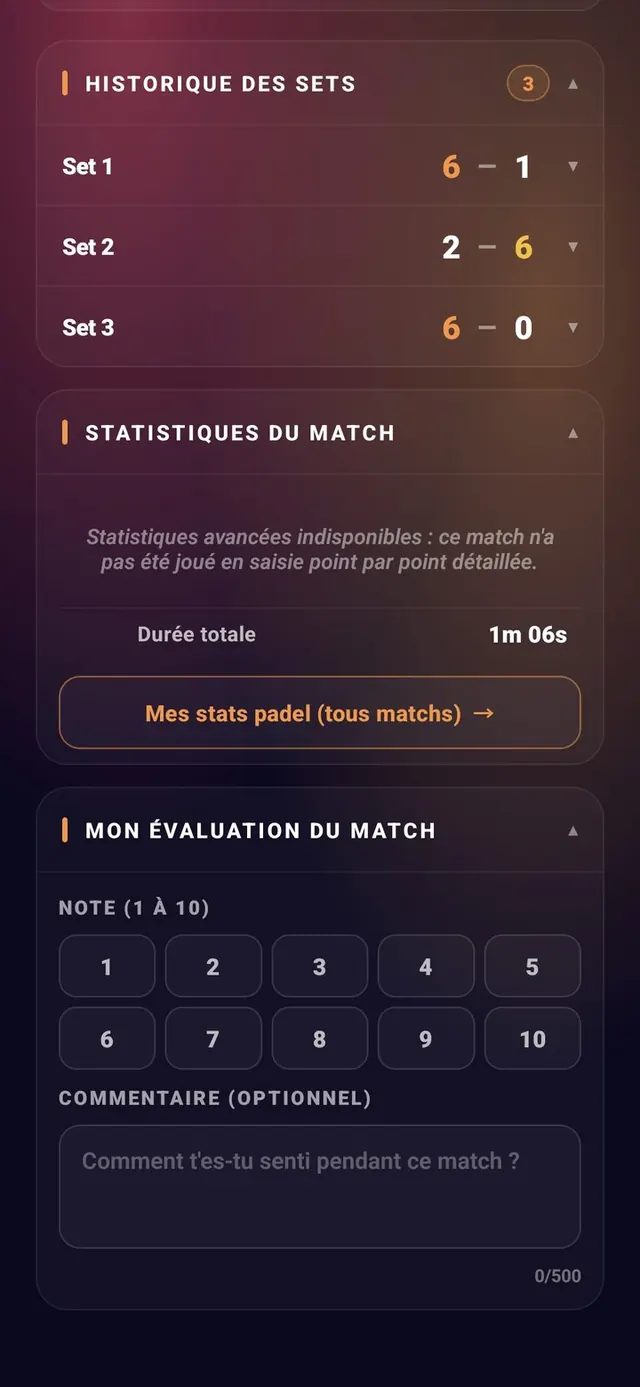 ScoreCrew — padel — historique & stats du match