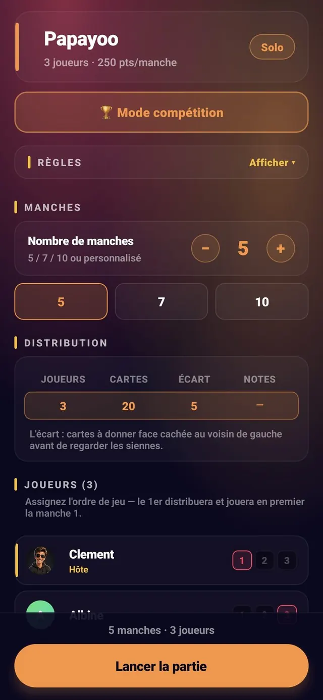 ScoreCrew — Papayoo — paramètres (1/3)