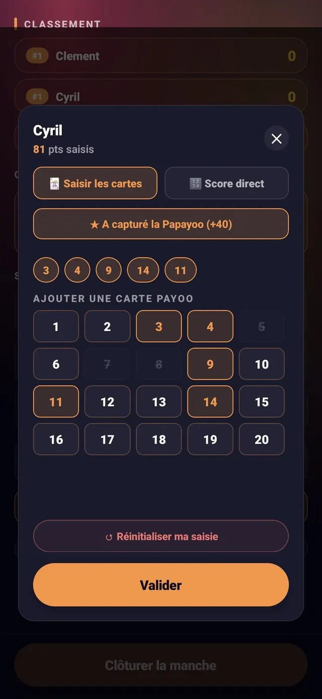 ScoreCrew — Papayoo — saisie des cartes (5/7)