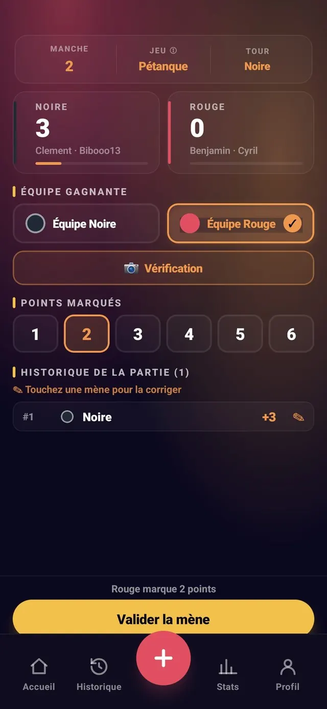 ScoreCrew — pétanque — valider la mène