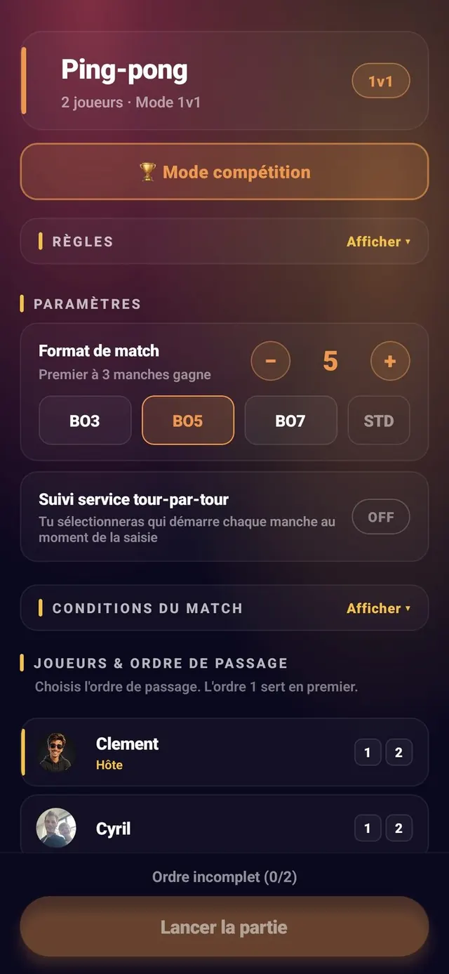 ScoreCrew — ping-pong — paramètres (1/5)