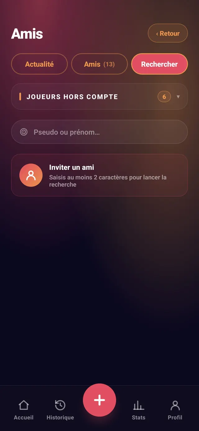ScoreCrew — onglet Rechercher, champ pseudo ou prénom