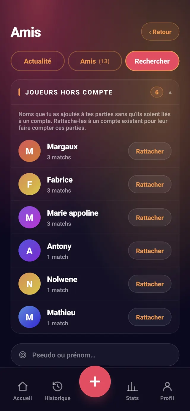 ScoreCrew — joueurs hors compte à rattacher