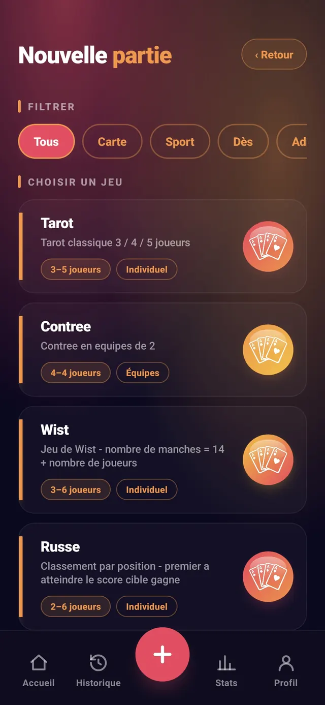 ScoreCrew — Nouvelle partie, tous les jeux