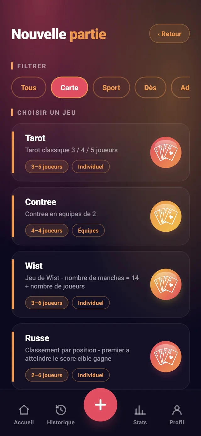 ScoreCrew — filtre Carte : Tarot, Contrée, Wist, Russe
