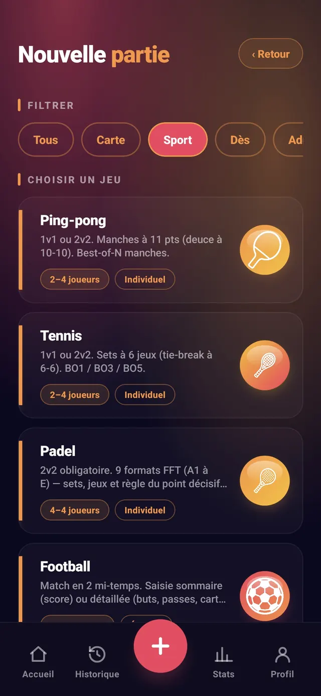 ScoreCrew — filtre Sport : Ping-pong, Tennis, Padel, Football