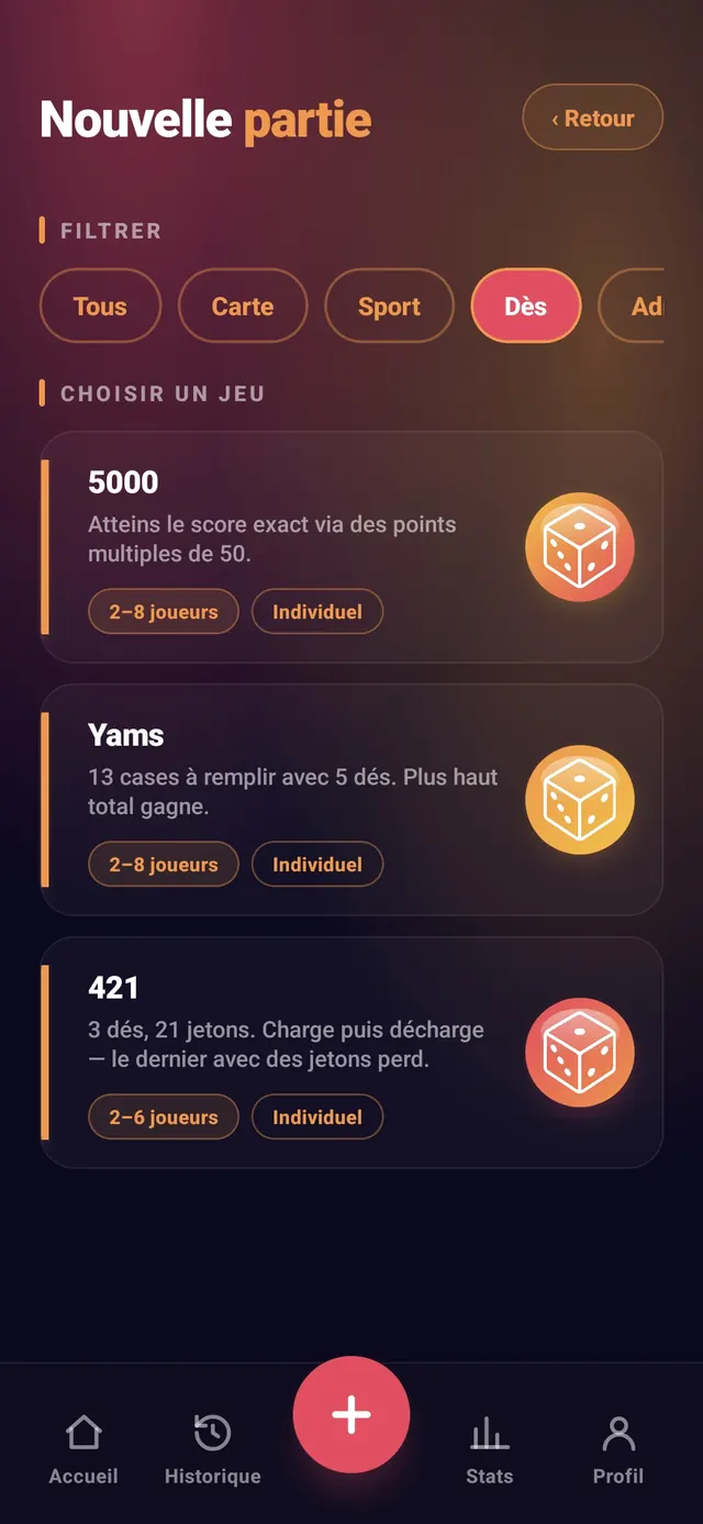 ScoreCrew — filtre Dés : 5000, Yams, 421