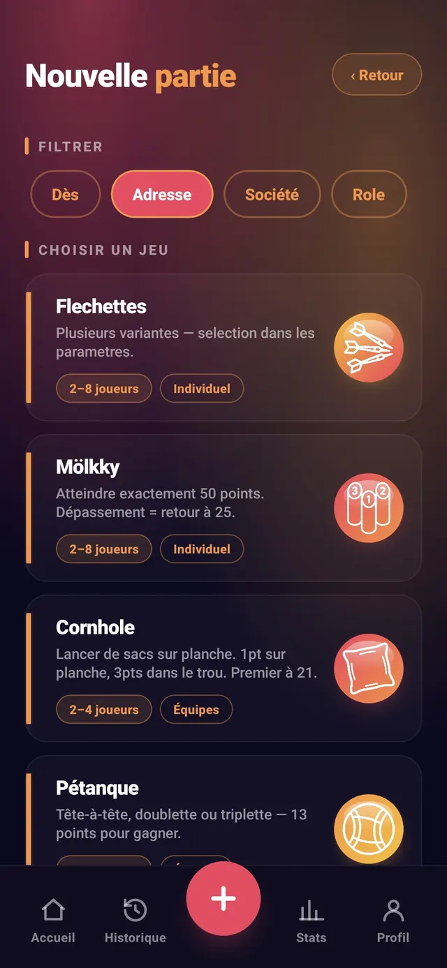 ScoreCrew — filtre Adresse : Fléchettes, Mölkky, Cornhole, Pétanque
