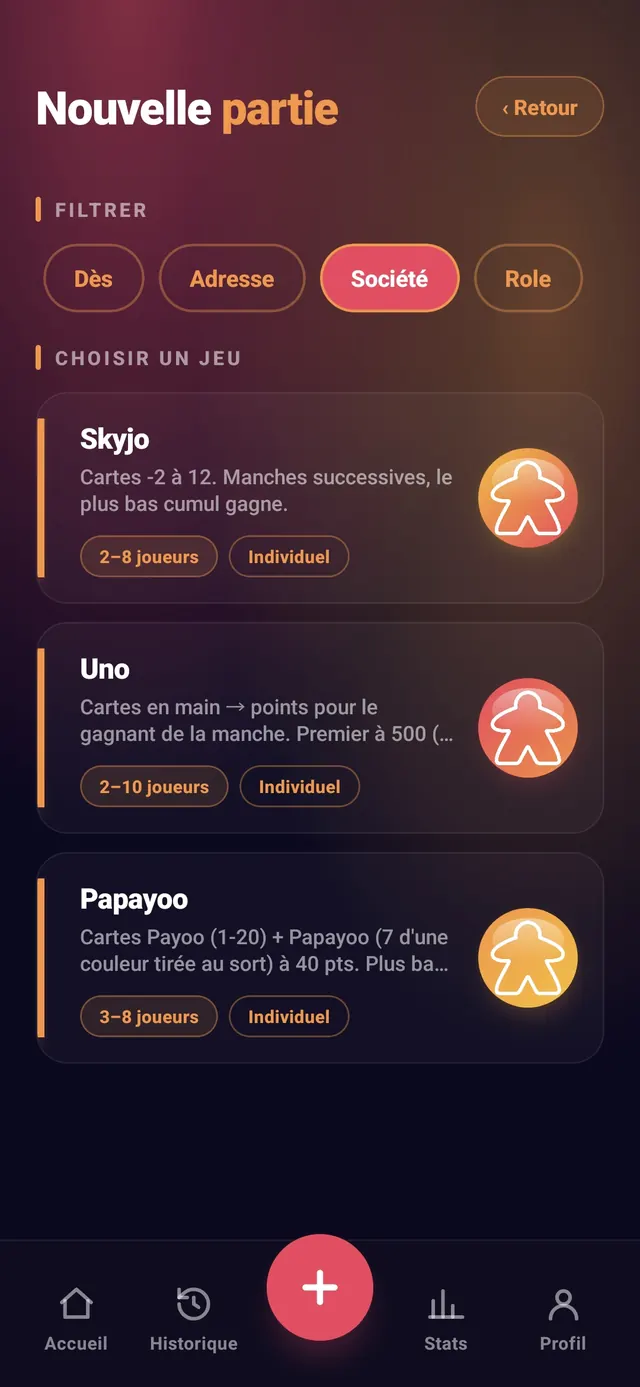 ScoreCrew — filtre Société : Skyjo, Uno, Papayoo