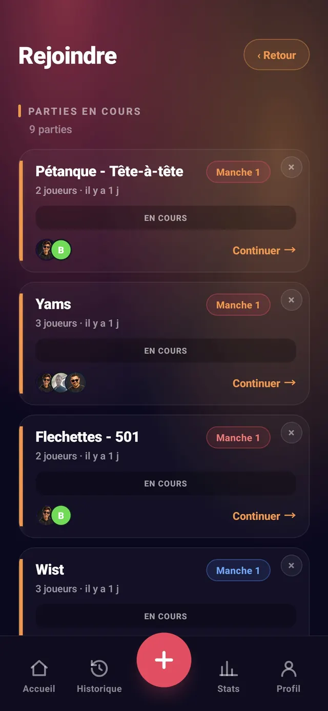 ScoreCrew — écran Rejoindre, parties en cours avec bouton Continuer