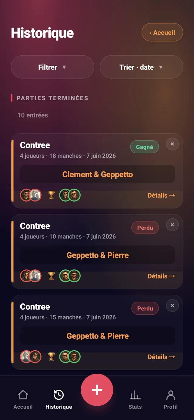 ScoreCrew — Historique, parties terminées avec badges Gagné / Perdu
