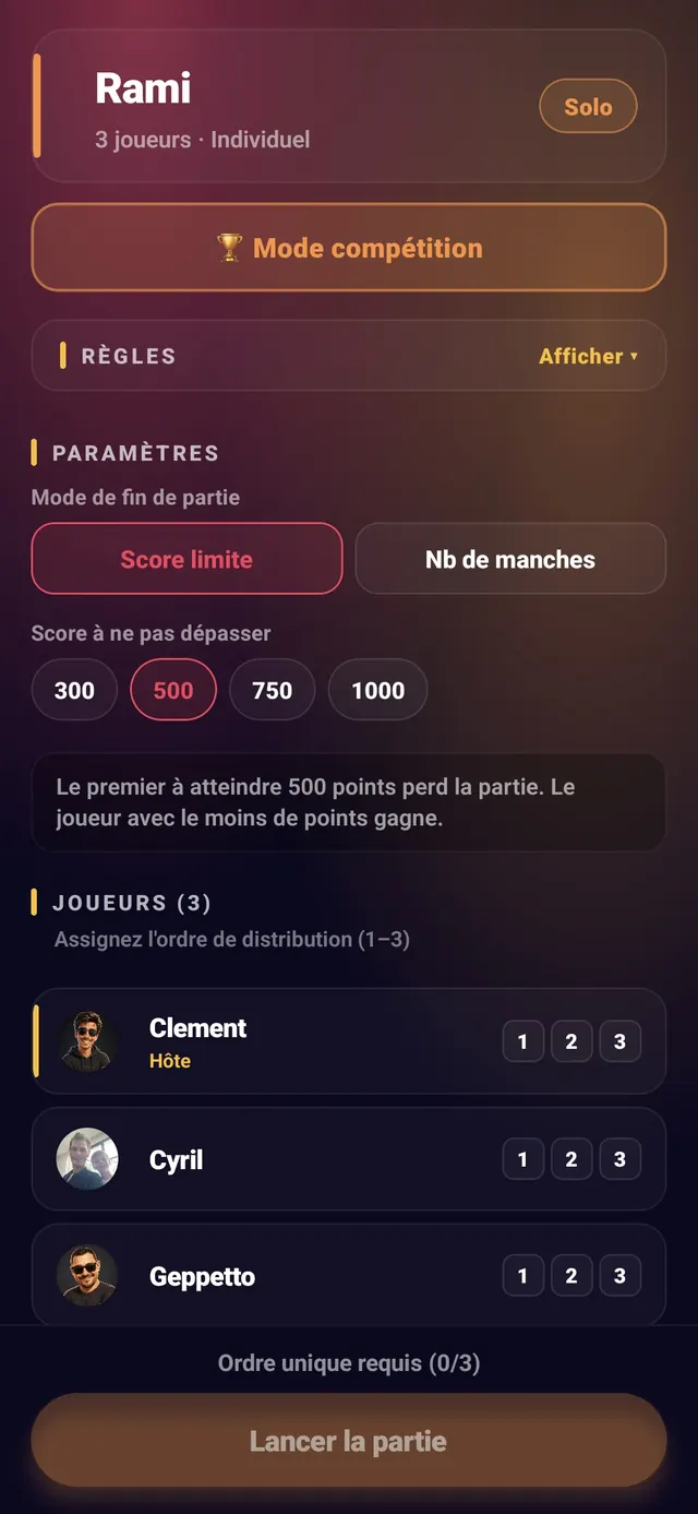ScoreCrew — rami — étape 1 (paramètres : mode de fin, score)