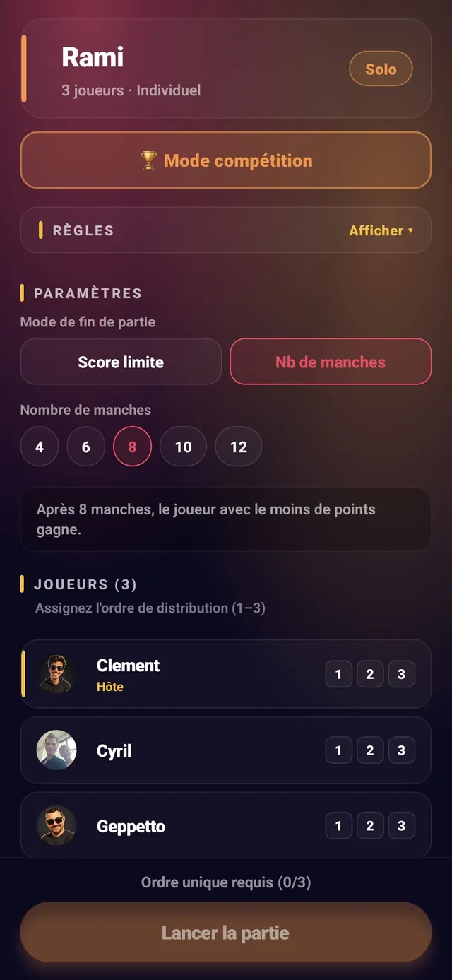 ScoreCrew — rami — étape 1 (joueurs et ordre de distribution)