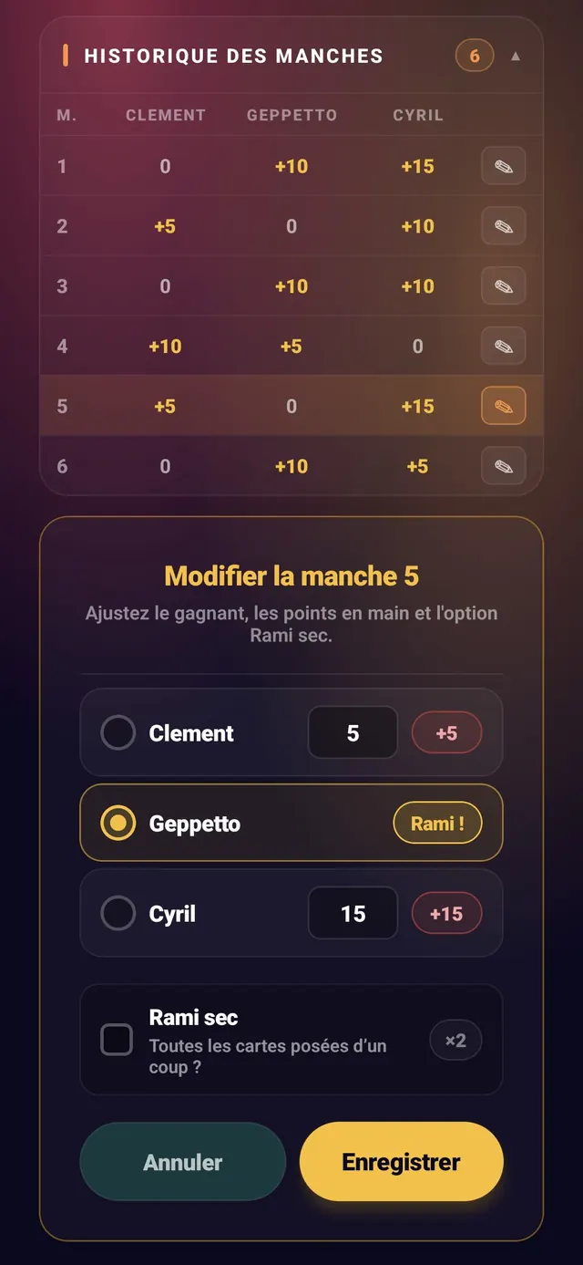 ScoreCrew — rami — étape 5 (éditer une manche : pénalités, gagnant, rami sec)