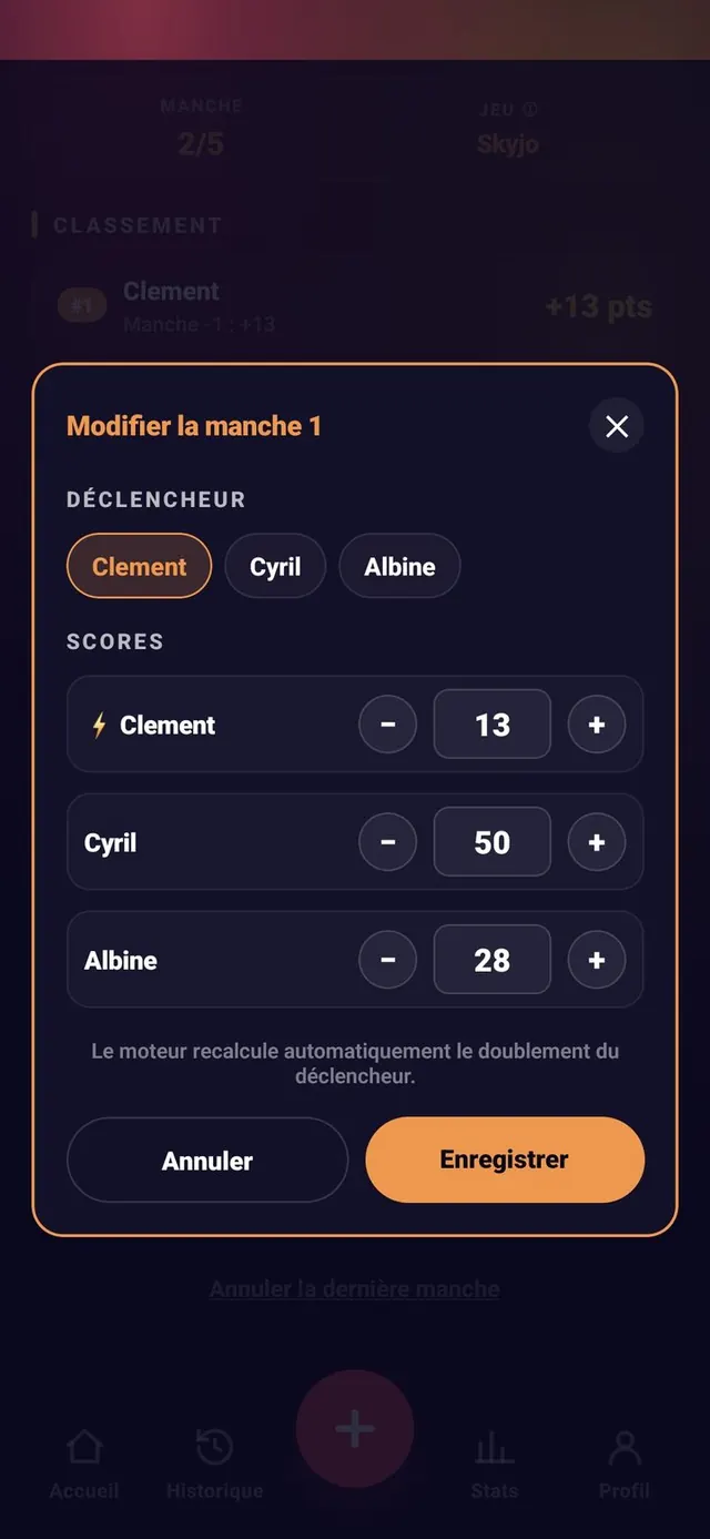 ScoreCrew — Skyjo — score corrigé, cumuls recalculés