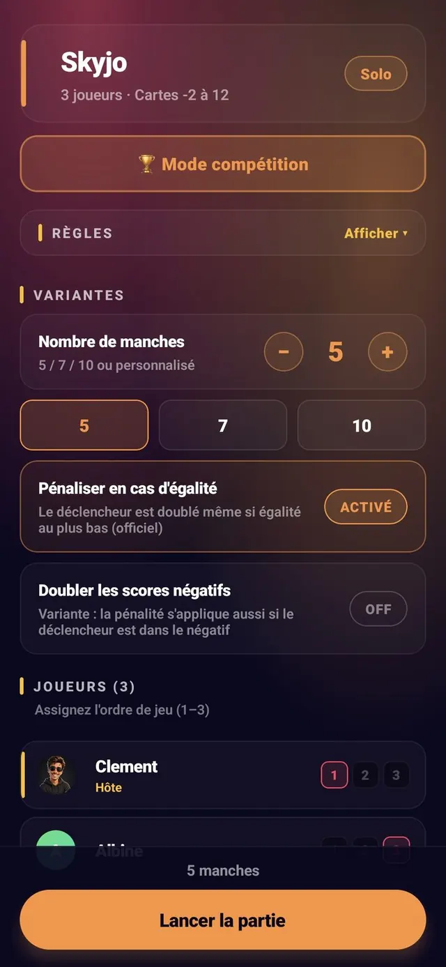 ScoreCrew — Skyjo — paramètres de la partie