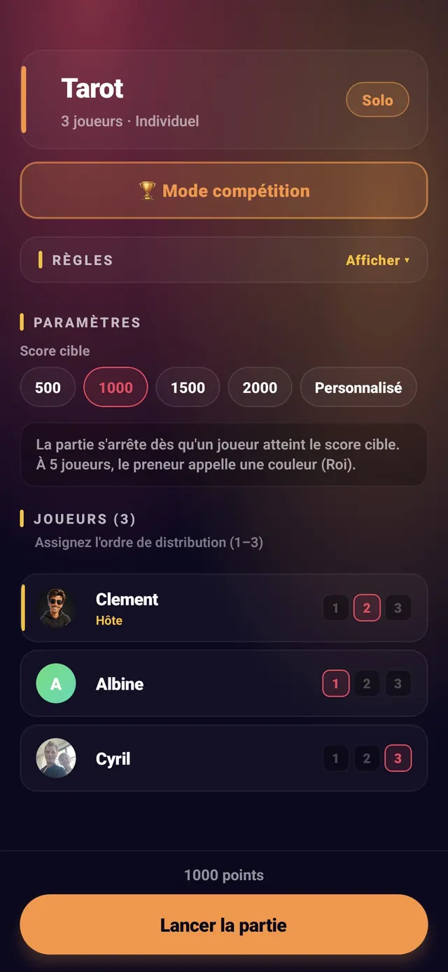 ScoreCrew — tarot — étape 1 (ordre attribué)