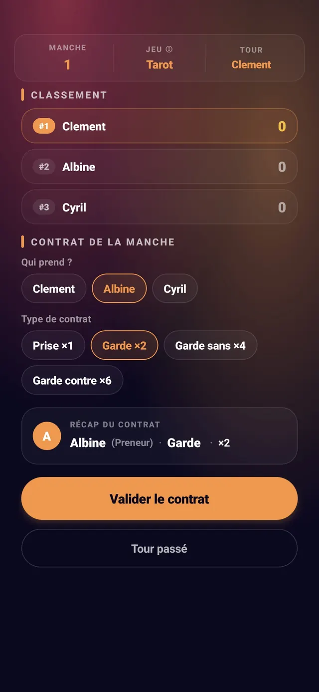 ScoreCrew — tarot — étape 2 (contrat sélectionné)