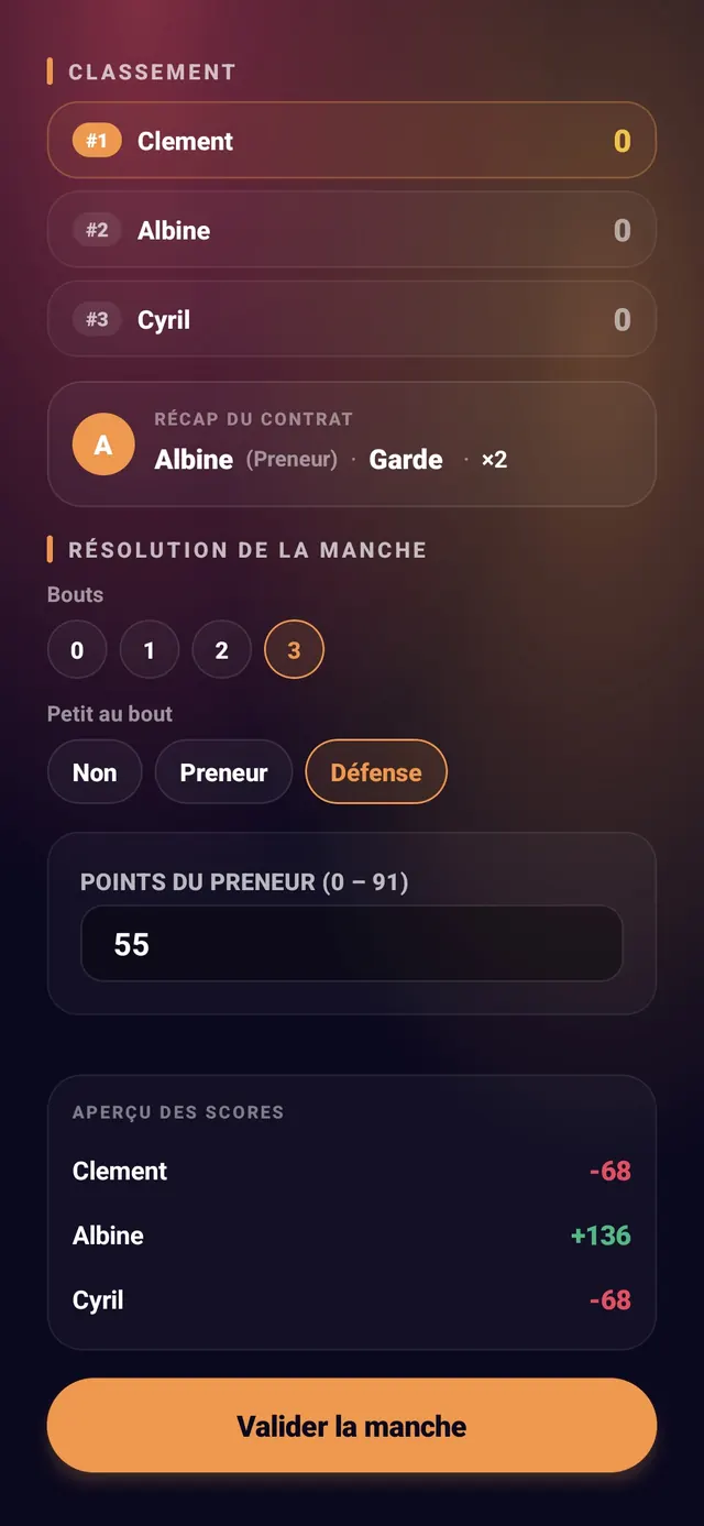 ScoreCrew — tarot — étape 3 (points saisis, aperçu des scores)