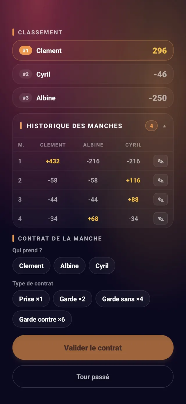 ScoreCrew — tarot — étape 5 (historique des manches, icône d'édition par ligne)