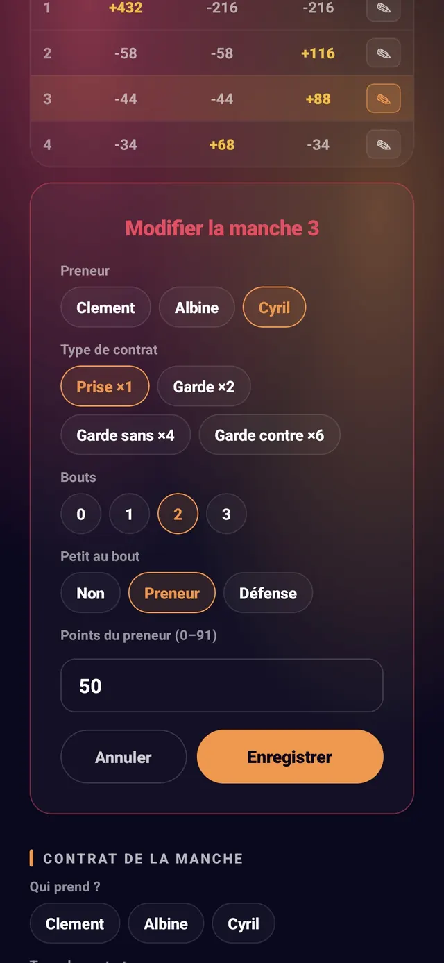 ScoreCrew — tarot — étape 5 (fenêtre « Modifier la manche 3 »)