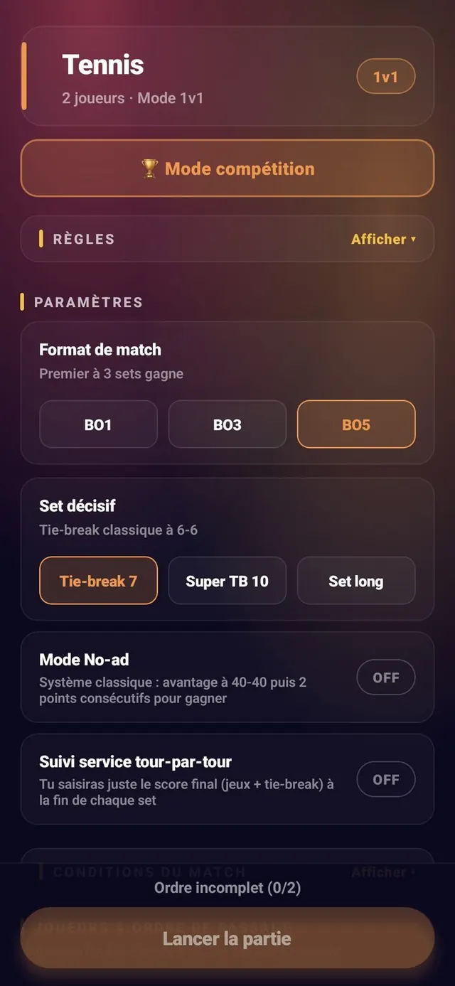 ScoreCrew — tennis — paramètres (2/5)